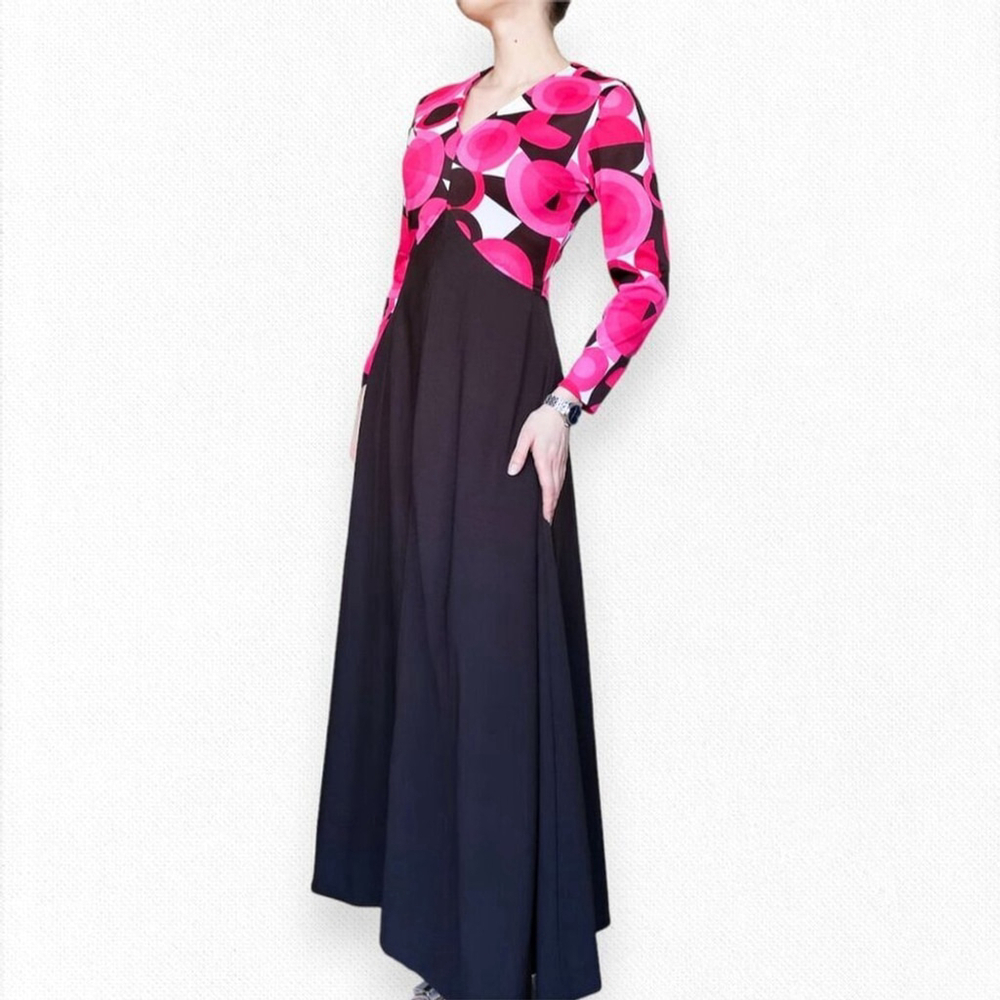 Vintage 70's Handmade Mod Maxi Dress Brown Pink Retro Long Sleeve Prom Sz Small